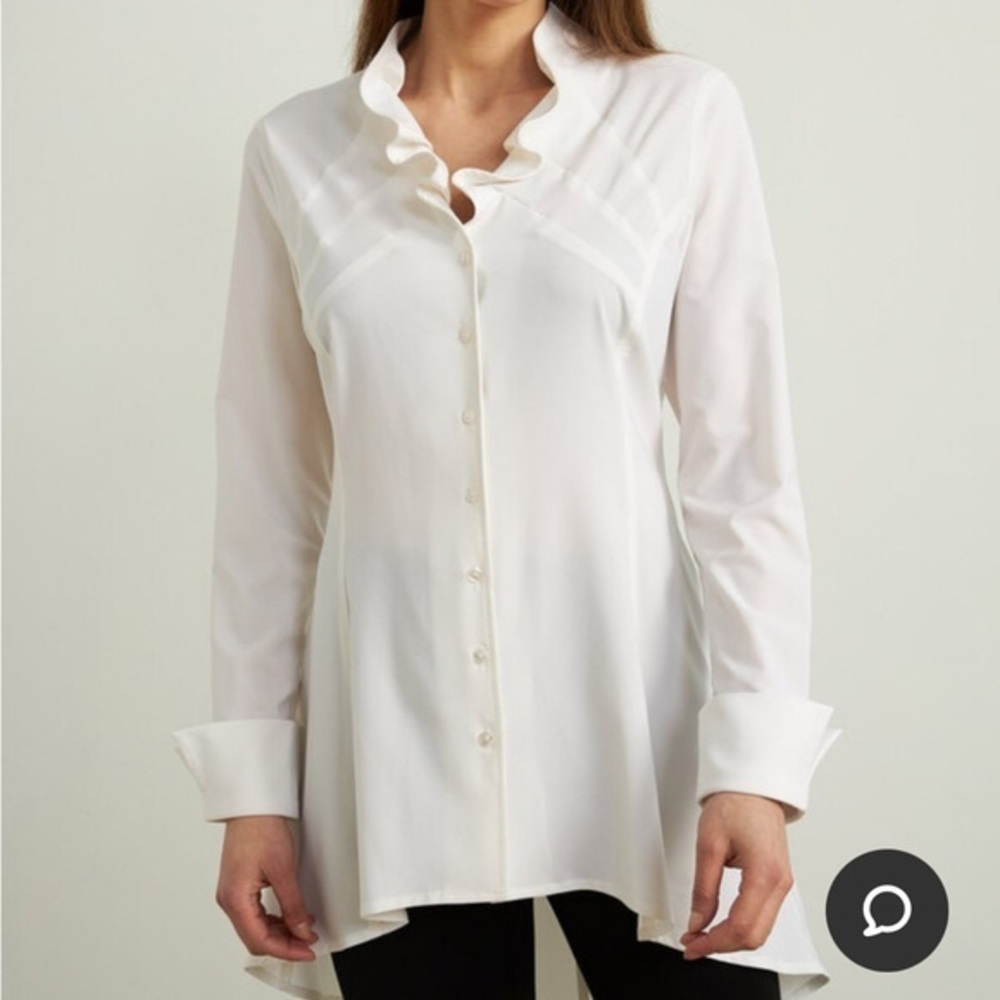 Joseph Ribkoff white ruffle collar long sleeve tuxedo style button front top 10